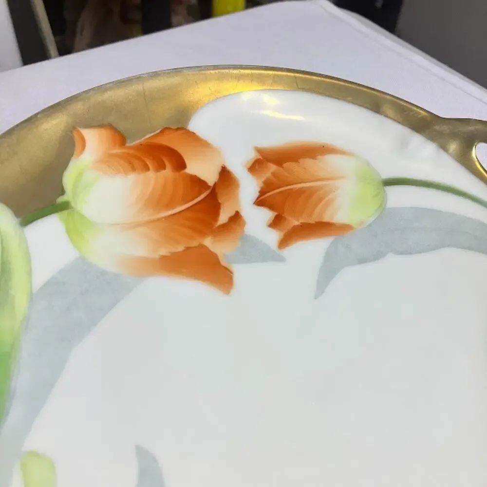 Antique PT Tirschenreuth Porcelain Hand Painted Tulip Plate Gold Trim Decor 9”